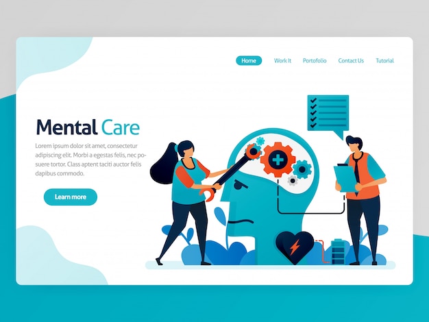 Landing page Illustration of mental care. repair mind and psychology. Awareness for mental illness. Care for mental health, mind, brain