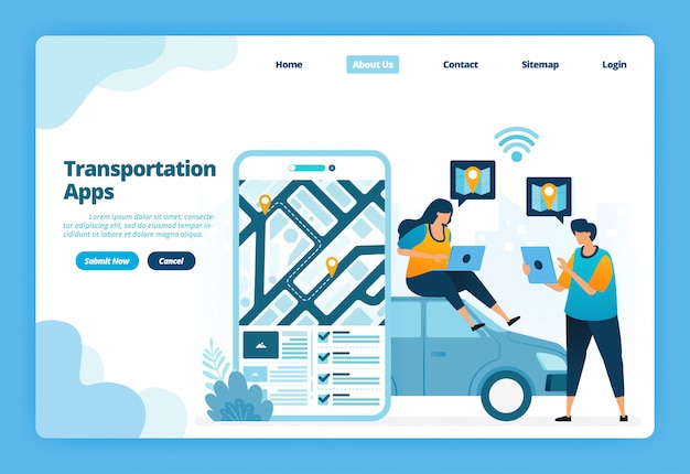 Landing page Illustration of transportation apps. Book and rent urban transportation with apps