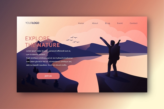 Landing page illustration with hiking man on the peak