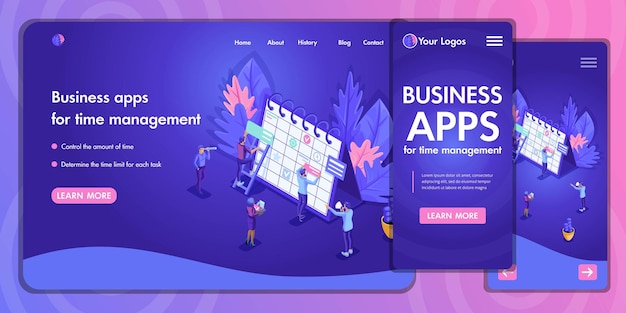 Landing page Isometric Concept business analysis, virtual technologies. Website template design. Easy to edit and customize, adaptiive.