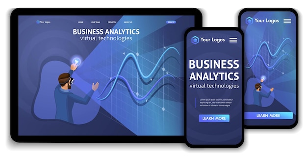 Landing page Isometric Concept business analysis, virtual technologies. Website template design. Easy to edit and customize, Responsive ui ux.