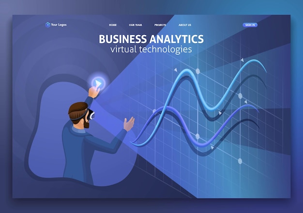 Landing page Isometric Concept business analysis, virtual technologies. Website template design. Easy to edit and customize.