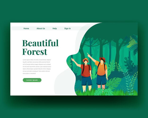 Vector landing page landing page of two character walk in the forest with backpack