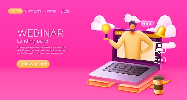 Landing page laptop Webinar website banner message Vector