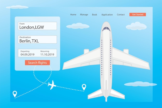 Landing page for online search and book travel ticket web banner template airline in sky vector