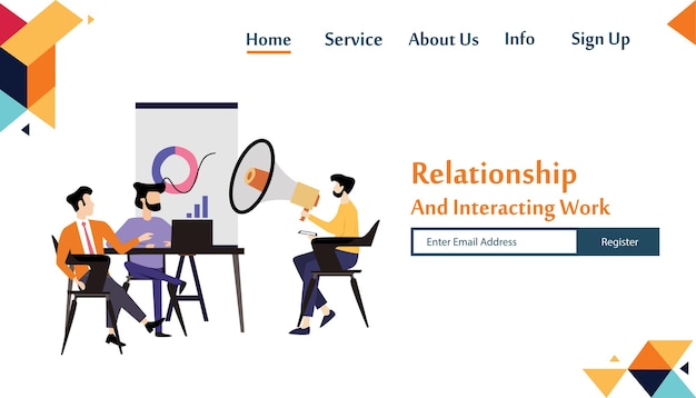 Landing Page People Relationship, Working and Interacting Vector Template Design Illustration