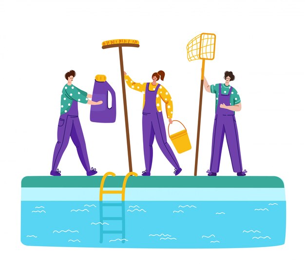 Vector landing page  pool maintenance or cleaning service, group of miniature people, cleaning products for swimming pool - 