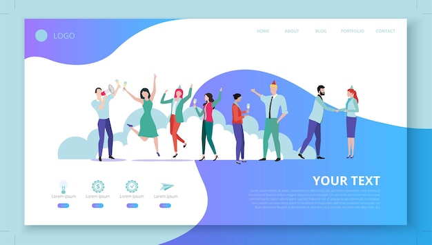 Landing page for site or web page template for corporate projects teambuilding party with happy people icons and space for text on white background Vector illustration flat style