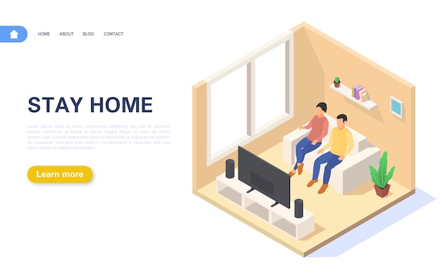 Landing page stay at home. A young couple is at home in self-isolation or quarantine.