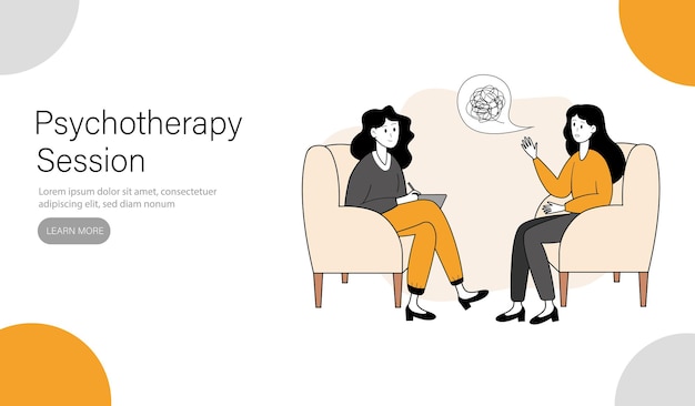 Vector landing page template or banner woman is talking to a psychologist vector illustration