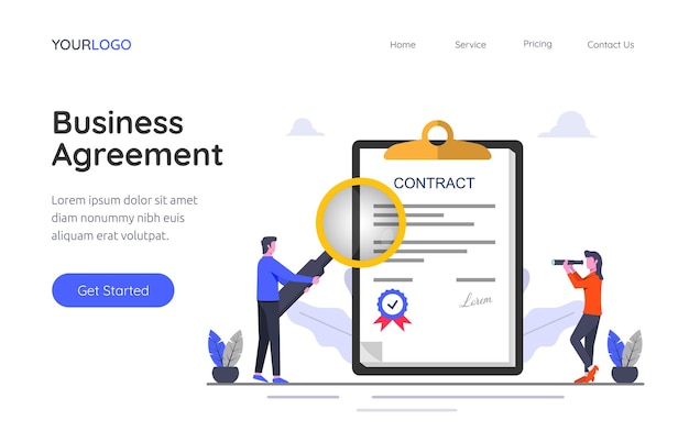 Landing page template of business agreement contract concept illustration.