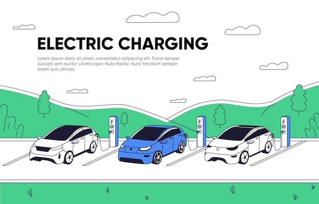 Landing page template for charging station Electric cars at EV charger website background Eco electro vehicles recharging at EVSE website layout Colored flat graphic vector illustration