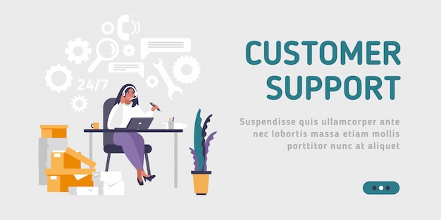 Landing page template customer and operator, online technical support 24-7 for web page.  illustration male hotline operator advises client. Online assistant.