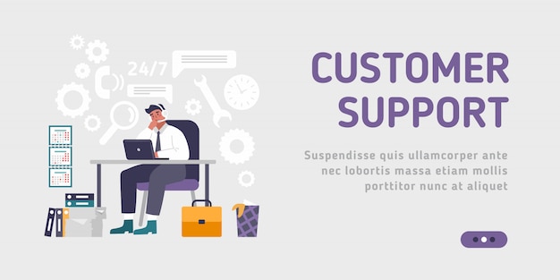 Landing page template customer and operator, online technical support 24-7 for web page.  illustration male hotline operator advises client. Online assistant.