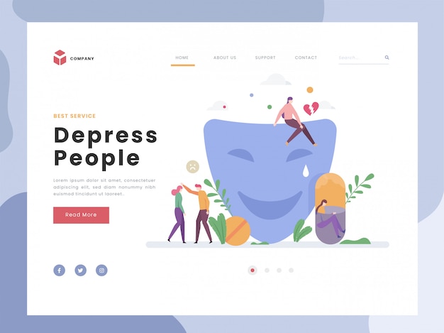 landing page template, Depression, Flat Tiny Pretend to be happy simbolic with mask. Person broken  emotional health problem. Tired, frustate and angry. Flat style