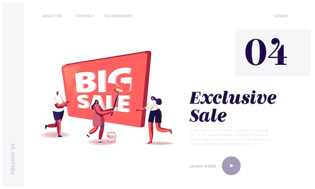 Vector landing page template. discount offer concept. happy people painting huge banner with big sale typography. characters shopping recreation, consumerism and price off promo. cartoon vector illustration