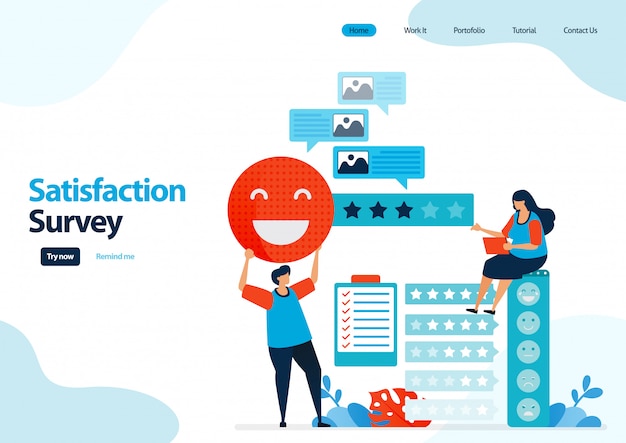 Landing page template of emoticon satisfaction surveys. feedback rating and stars for apps services.