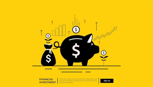 Landing page template of financial investment concept with money and piggy bank symbol.