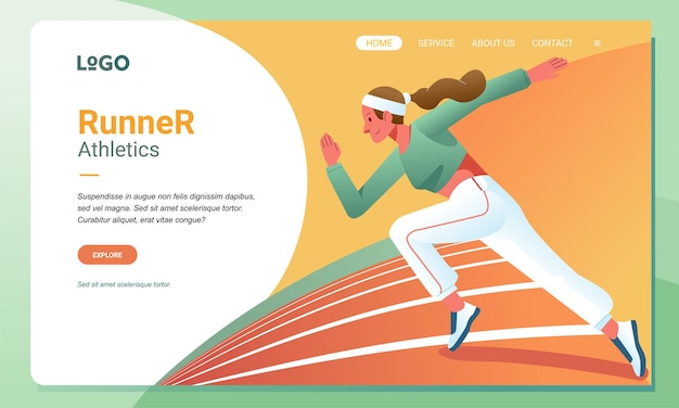 Vector landing page template illustration a female athlete is running with all her might on running track