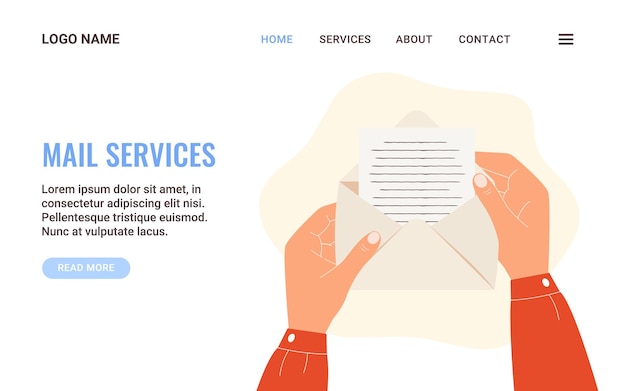 Landing page template mail services. Hands holding open envelope with letter. Letter mail delivery c