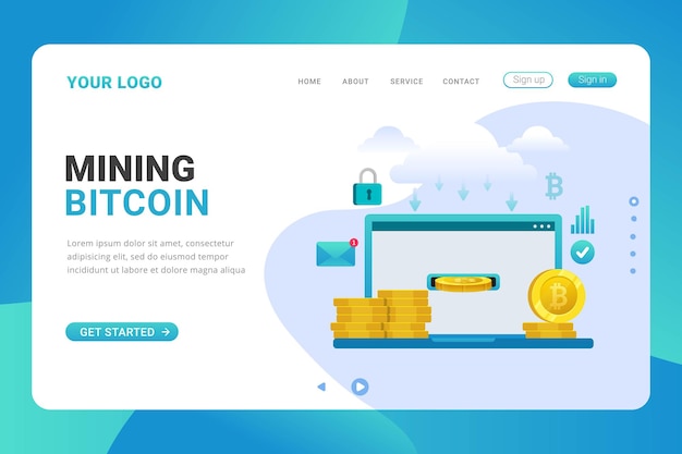 Landing page template mining bitcoin on laptop design concept