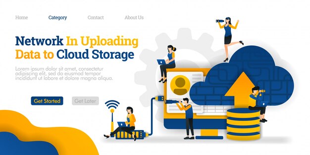 Vector landing page template. network in uploading data to cloud storage. upload data on  database to cloud for sharing