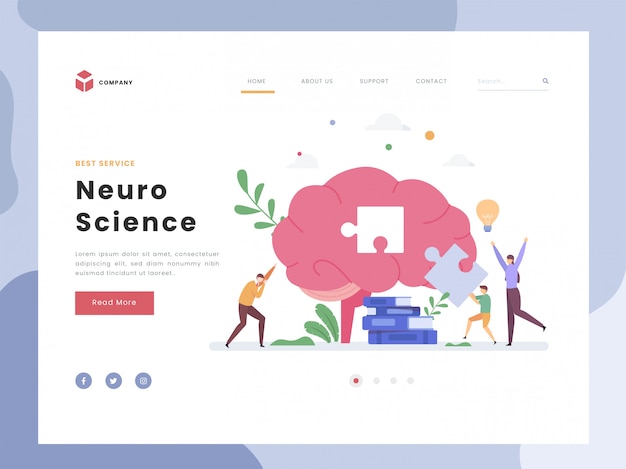 landing page template, Neuroscience, Flat Tiny Parent guiding their boy solving puzzle. simbolic neuron brain. Brainstorming, scientific research. Flat style.