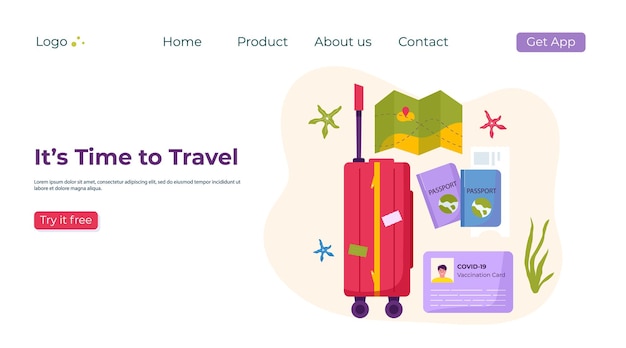 Landing page template of travel stuff for adventure tourism, travel. Journey decorative design with shells, accessories, suitcase, baggage. Flat cartoon trendy vector.