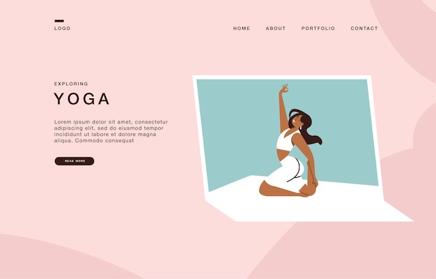 Landing page template for websites with vector illustration girl doing yoga exercising at home, online courses.