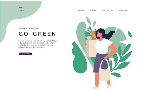 Landing page template for websites with young woman carrying eco bags with purchases. Eco grocery shopping concept banner illustration.