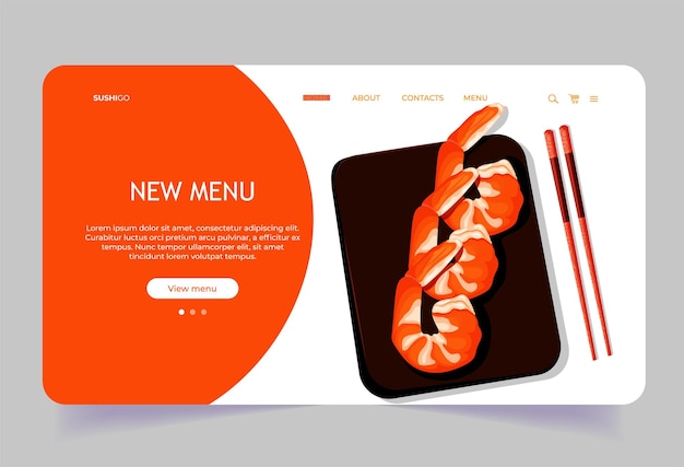 Landing page template with Asian food Sushi store homepage with shrimps New menu template Online