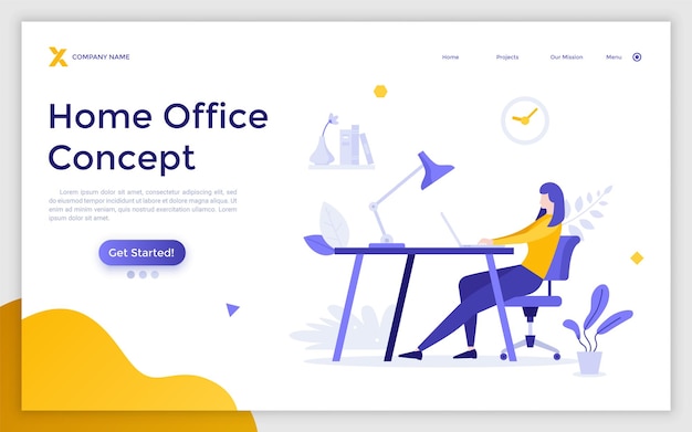 Landing page template with bearded woman sitting at desk with laptop computer Concept of building home office freelancer's workplace remote or distant work Flat vector illustration for website