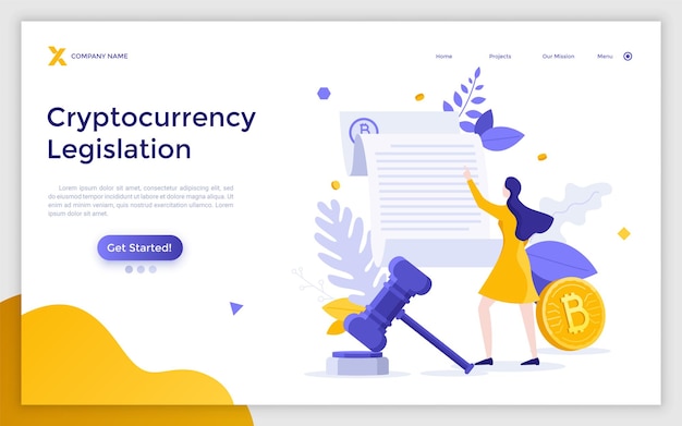 Landing page template with Bitcoin woman reading document and gavel Concept of cryptocurrency legislation legal regulation of crypto currency blockchain law Flat vector illustration for website