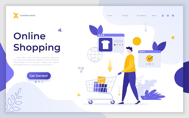 Landing page template with customer buyer or consumer with cart buying goods Concept of online shopping internet retail electronic commerce Modern flat colorful vector illustration for website