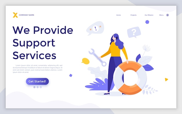 Landing page template with dispatcher or hotline operator wearing headset holding wrench and lifebuoy Concept of customer or technical support service call center Modern flat vector illustration