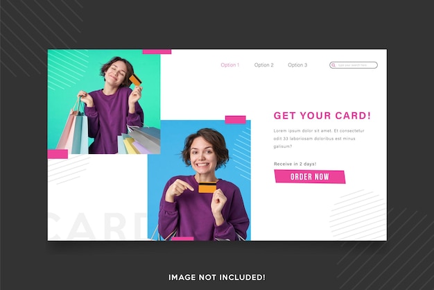 landing page template with girl showing credit card