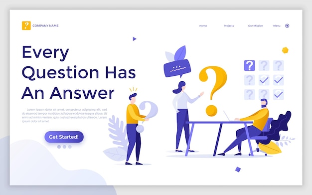 Landing page template with group of people and interrogation points Concept of answers to questions FAQ survey or questionnaire Modern flat vector illustration for website of consultation service