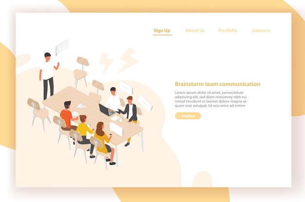 Landing page template with group of people or office workers sitting at table and talking to each other. Work meeting, discussion, team communication, brainstorm. Isometric vector illustration.