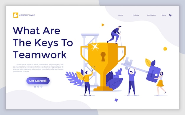 Landing page template with group of people trying to unlock golden goblet with keyhole Concept of key to successful teamwork success in collaboration Modern flat vector illustration for website