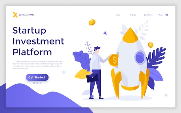 Landing page template with investor putting coin into slot in spacecraft money box Concept of startup investment platform investing finance in business project Flat vector illustration for website