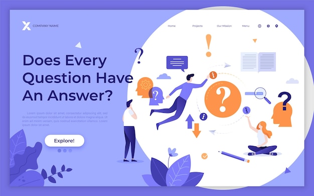 Landing page template with levitating people exclamation and interrogation marks Search answers for questions FAQ user manual guide service Modern flat vector illustration for advertisement