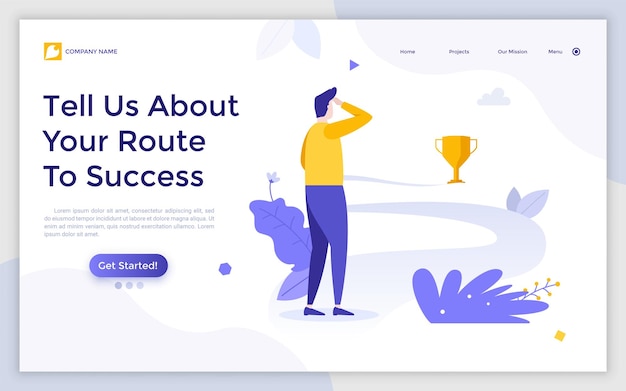 Landing page template with man looking at golden champion cup at the end of road Concept of route to success inspirational successful business story Modern flat vector illustration for webpage