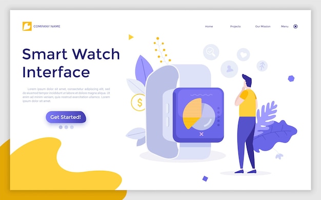 Landing page template with man looking at smart watch with digital indicators on screen Concept of electronic gadget wearable hitech device accessory Modern flat vector illustration for website