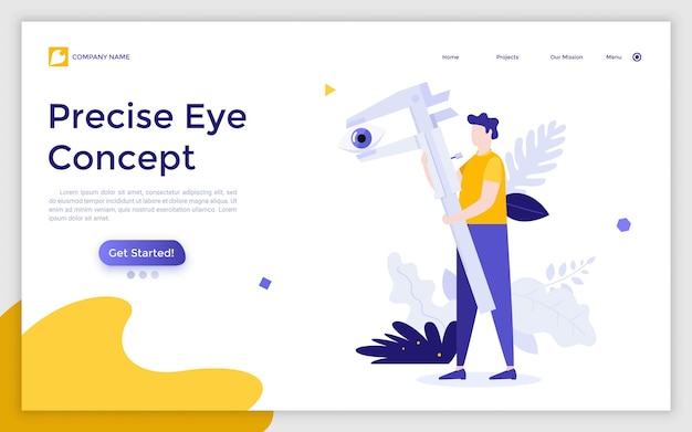 Landing page template with man measuring human eye with vernier caliper Concept of engineering tool for precise dimension measurement accuracy and precision Flat vector illustration for website