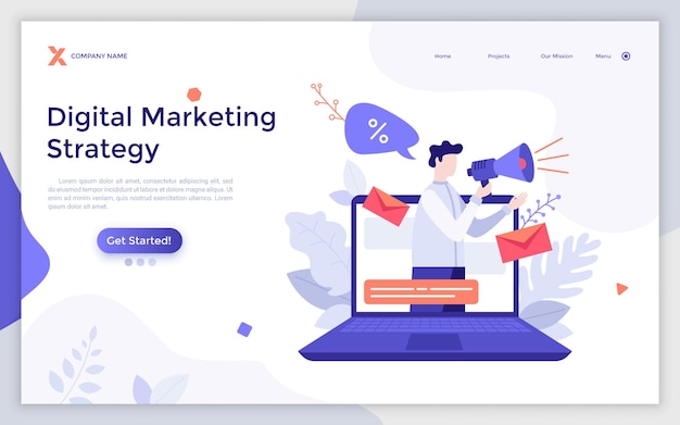 Landing page template with man speaking with megaphone on laptop computer screen Concept of digital marketing strategy online advertising campaign Modern flat vector illustration for webpage