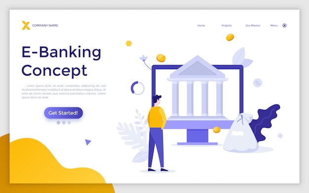 Landing page template with man standing in front of computer with bank building on screen Concept of ebanking online web app for electronic banking Modern flat vector illustration for webpage