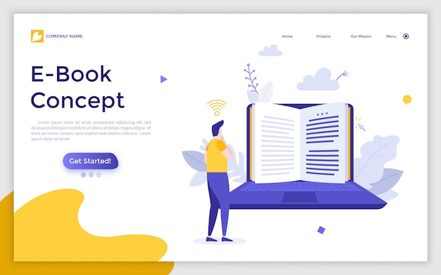 Landing page template with man standing in front of laptop computer and reading digital book on screen Concept of ebook electronic reader application Modern flat vector illustration for website