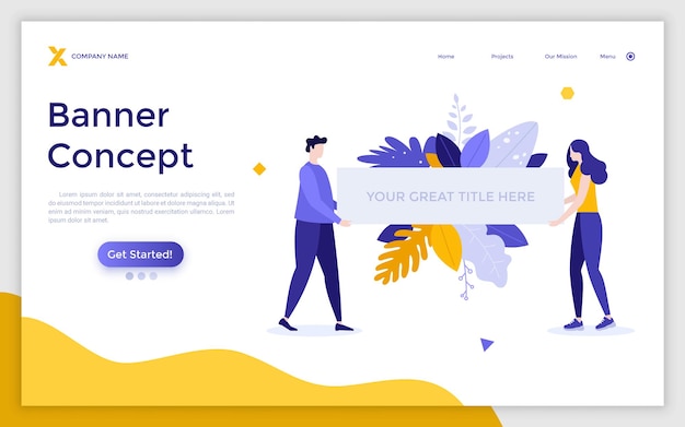 Landing page template with man and woman holding banner with place for text Concept of announcement demonstration of advertisement Modern flat colorful vector illustration for website webpage