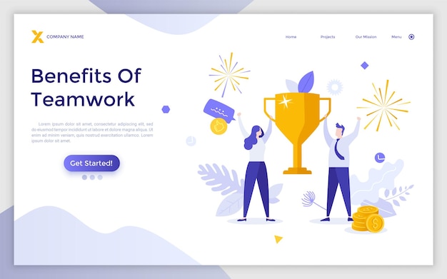 Landing page template with man and woman holding golden winner's cup or prize together Concept of benefits of teamwork business triumph work success Modern flat vector illustration for website