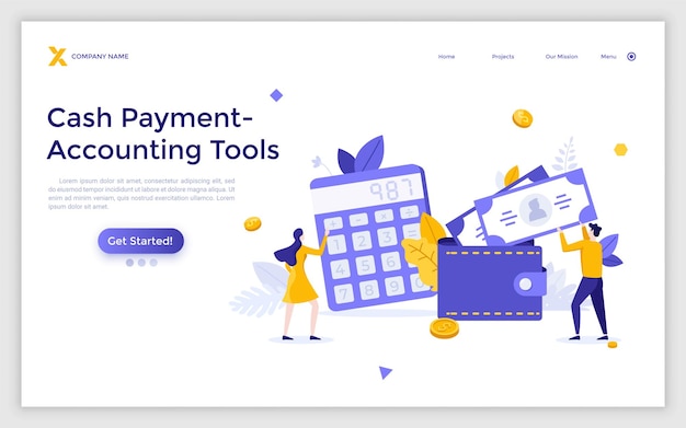 Landing page template with people calculating assets and money Concept of cash payment accounting tool electronic wallet online service for bank funds calculation Modern flat vector illustration